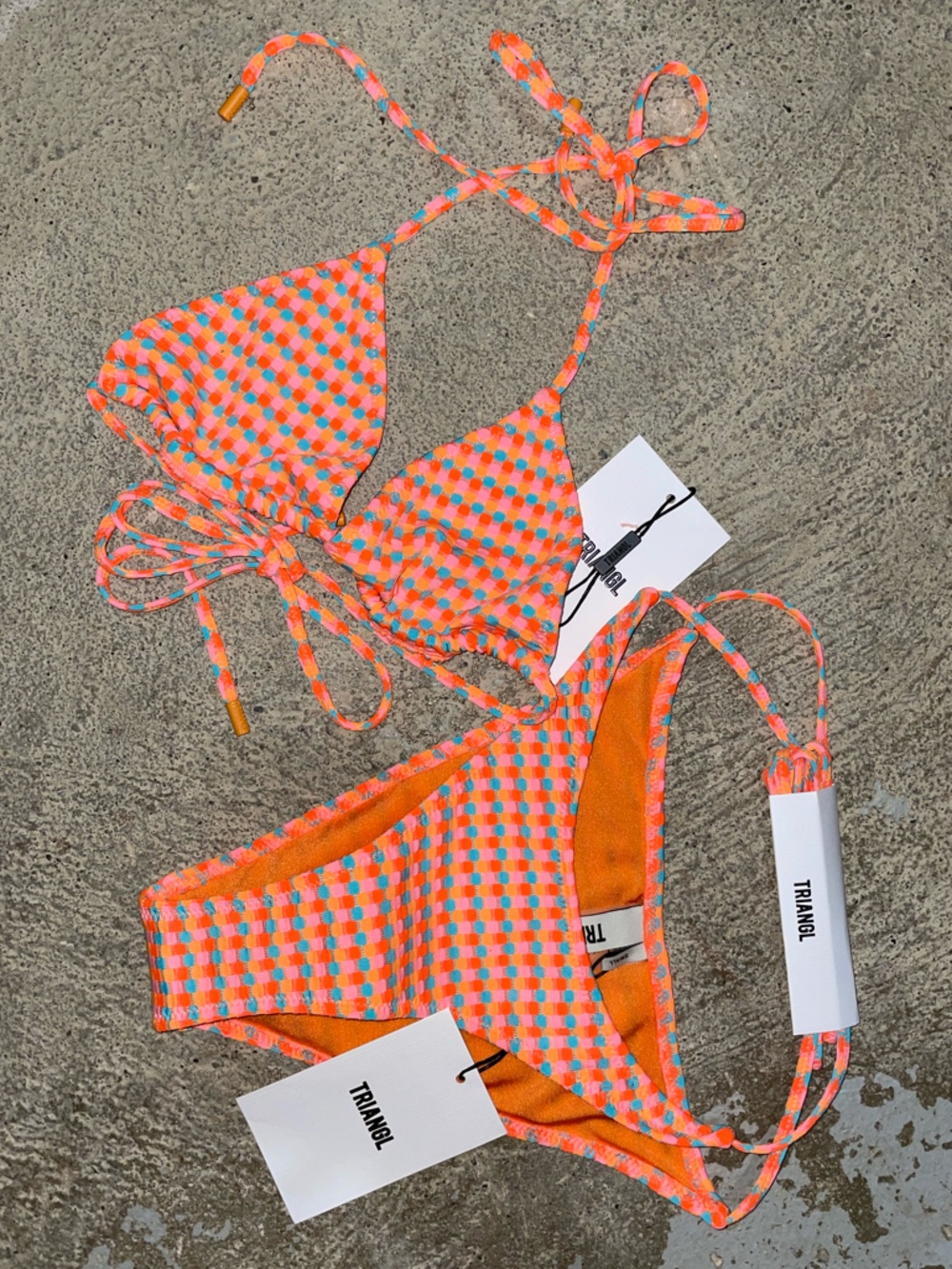 Triangl Swimwear Neon Orange Checkered String Bikini Set